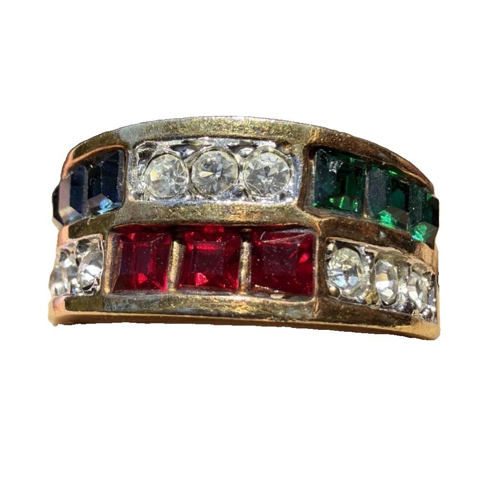 18k Yellow Gold Plated-Emerald,Ruby,Diamond Colored Glass-Cocktail Ring Orig Box